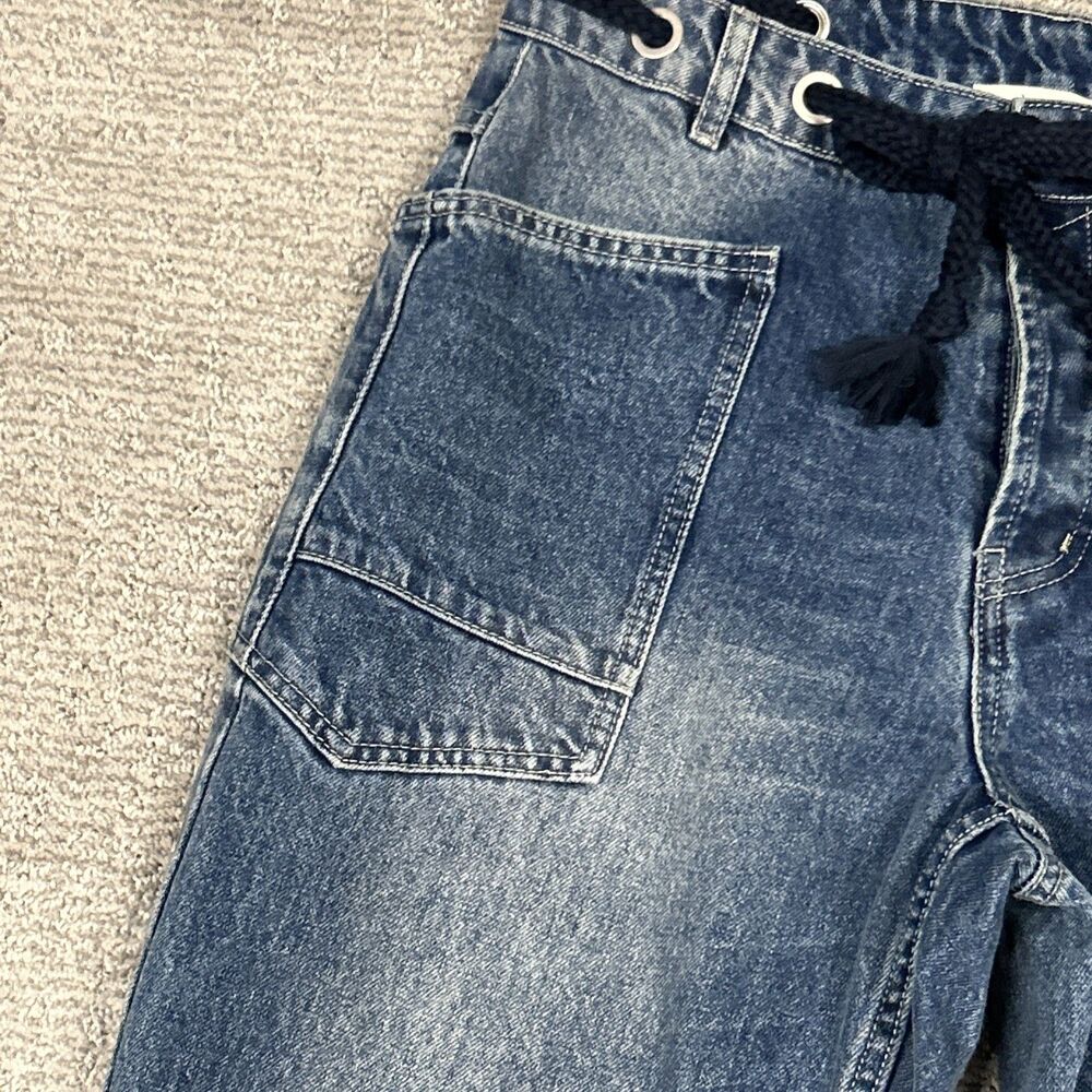 Aaron & Amber Jeans Womens Large Barrel Leg Blue Denim Cargo Button Fly Belted - Picture 9 of 11